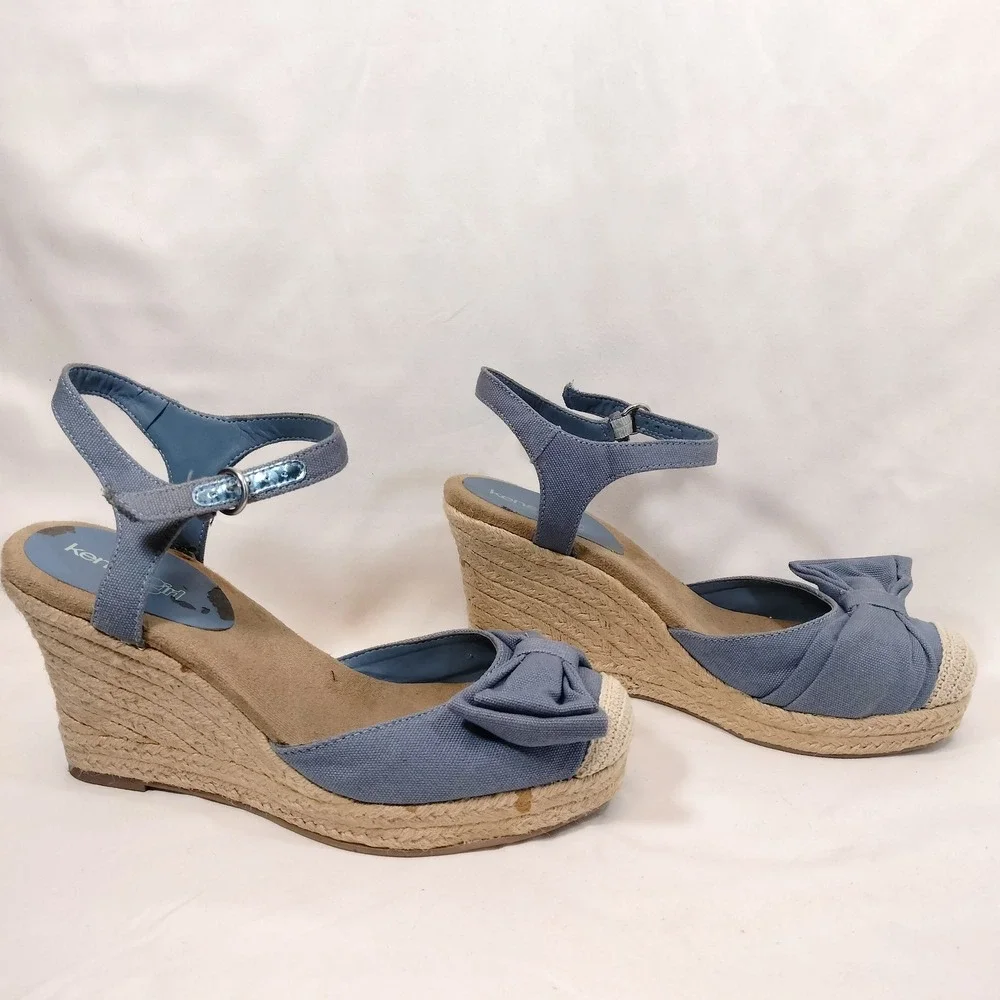 Kensie Girl Blue Espadrille Wedges; Bow Accent Ankle Strap Platform Sandals